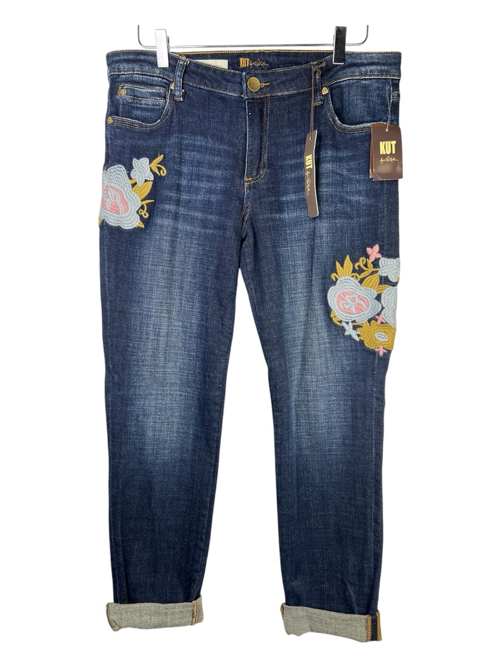 Kut from the Kloth Dark Blue Floral Embroidered Catherine Boyfriend Jeans Sz10
